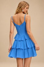 Rutipo Ocean Blue A-line Cowl Neck Tiered Flirty Ruffle Homecoming Dress