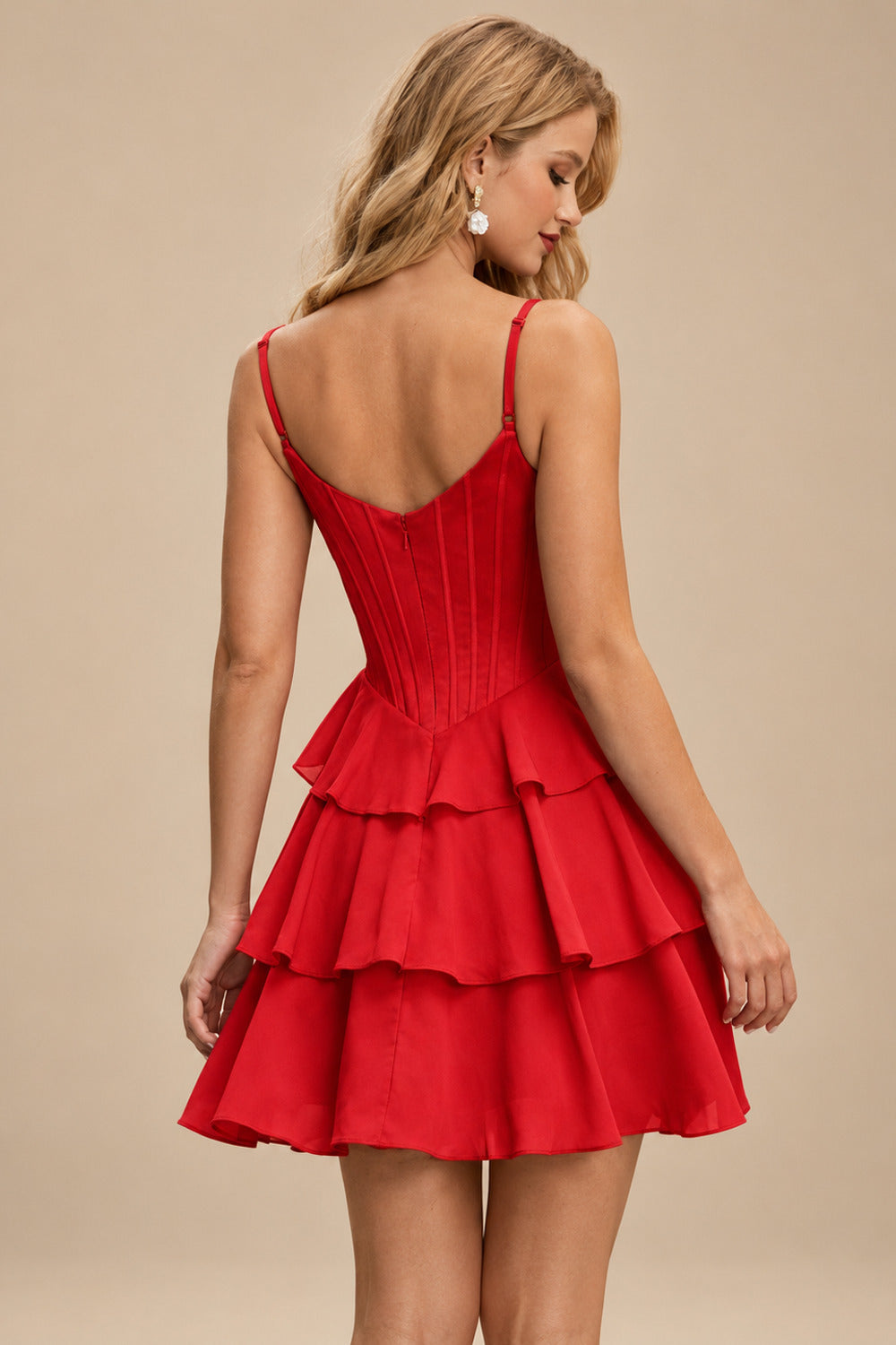 Rutipo Red A-line Cowl Neck Tiered Flirty Ruffle Homecoming Dress
