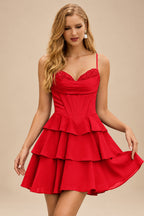 Rutipo Red A-line Cowl Neck Tiered Flirty Ruffle Homecoming Dress