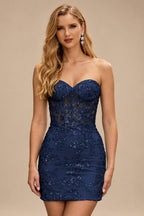 Rutipo Dark Navy Fitted Sweetheart Floral Appliques Sequins Strapless Mini Homecoming Dress