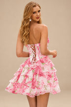 Rutipo Azalea Floral A-line Cowl Neck Pink Floral Print Strapless Ruffle Corset Homecoming Dress