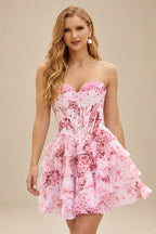Rutipo Blushing Pink Floral A-line Cowl Neck Pink Floral Print Strapless Ruffle Corset Homecoming Dress