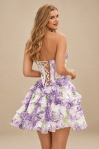 Rutipo Grape Floral A-line Cowl Neck Pink Floral Print Strapless Ruffle Corset Homecoming Dress