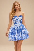 Rutipo Ocean Blue Floral A-line Cowl Neck Pink Floral Print Strapless Ruffle Corset Homecoming Dress