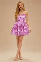 Rutipo Purple Floral A-line Cowl Neck Pink Floral Print Strapless Ruffle Corset Homecoming Dress