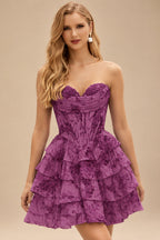 Rutipo Purple Floral A-line Cowl Neck Pink Floral Print Strapless Ruffle Corset Homecoming Dress