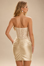Rutipo Champagne Strapless Fitted Ruched Homecoming Dress with Embellished Corset