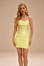 Rutipo Daffodil Strapless Fitted Ruched Homecoming Dress with Embellished Corset