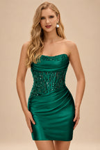 Rutipo Dark Green Strapless Fitted Ruched Homecoming Dress with Embellished Corset