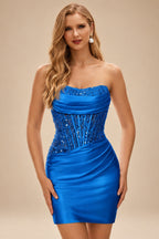Rutipo Ocean Blue Strapless Fitted Ruched Homecoming Dress with Embellished Corset