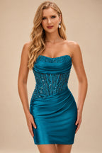 Rutipo Peacock Strapless Fitted Ruched Homecoming Dress with Embellished Corset