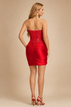 Rutipo Red Strapless Fitted Ruched Homecoming Dress with Embellished Corset