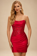 Rutipo Red Strapless Fitted Ruched Homecoming Dress with Embellished Corset