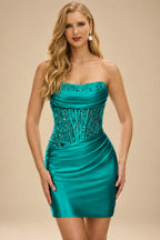 Rutipo Teal Strapless Fitted Ruched Homecoming Dress with Embellished Corset
