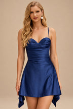Rutipo Navy Blue Fit Flare Silk like Satin Ruched Bust Handkerchief Hem Homecoming Dress