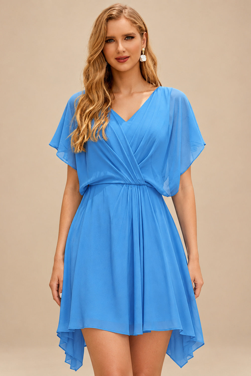 Rutipo Ocean Blue Fit Flare Silk like Satin Ruched Bust Handkerchief Hem Homecoming Dress