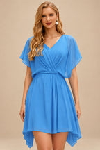 Rutipo Ocean Blue Fit Flare Silk like Satin Ruched Bust Handkerchief Hem Homecoming Dress