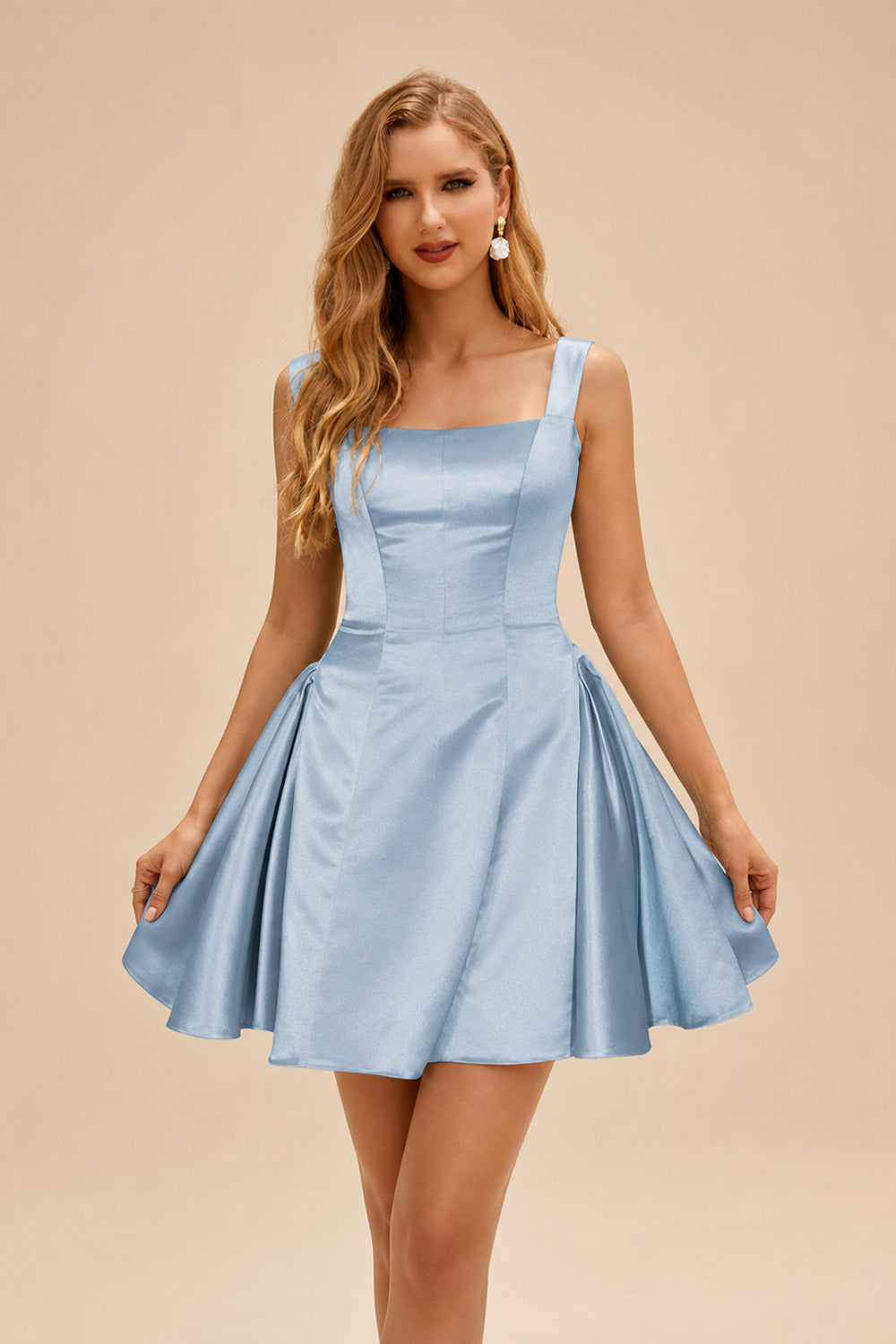 Rutipo Dusty Blue A-line Bateau Vibrant Satin Fit-and-Flare Homecoming Dress