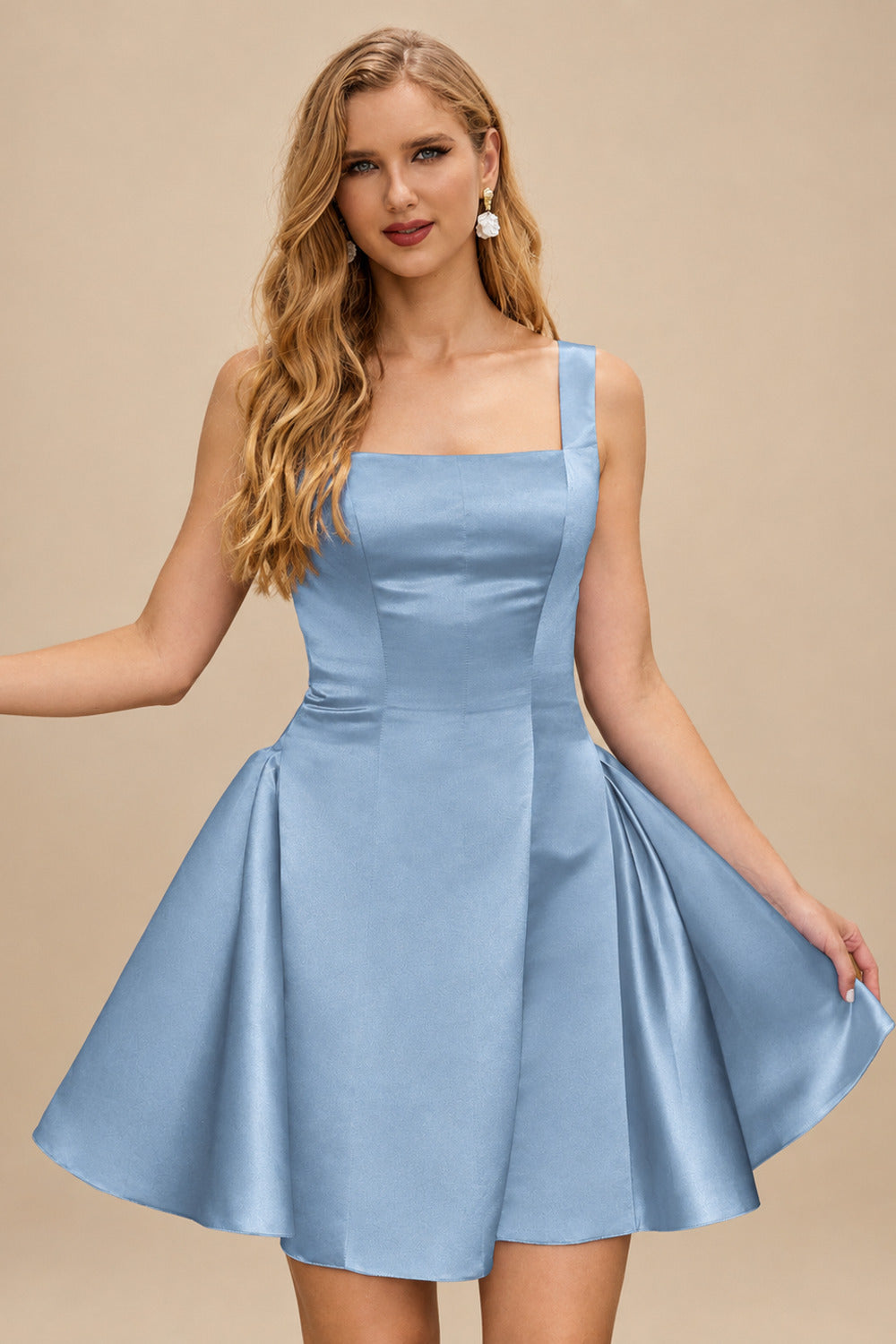 Rutipo Dusty Blue A-line Bateau Vibrant Satin Fit-and-Flare Homecoming Dress