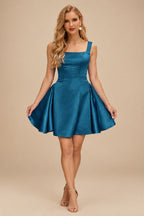 Rutipo Ink Blue A-line Bateau Vibrant Satin Fit-and-Flare Homecoming Dress