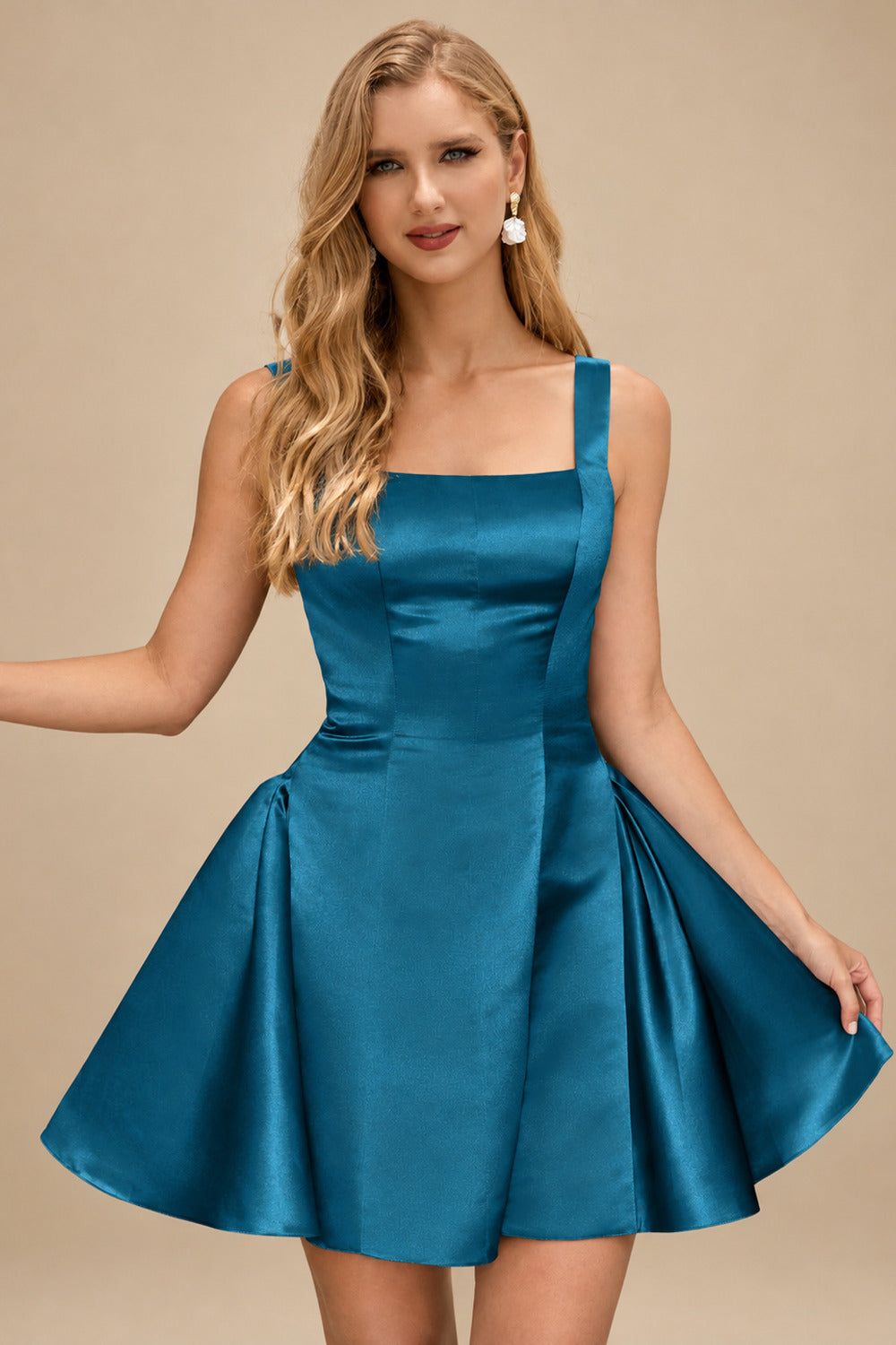 Rutipo Ink Blue A-line Bateau Vibrant Satin Fit-and-Flare Homecoming Dress
