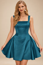 Rutipo Ink Blue A-line Bateau Vibrant Satin Fit-and-Flare Homecoming Dress