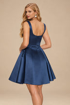 Rutipo Navy Blue A-line Bateau Vibrant Satin Fit-and-Flare Homecoming Dress