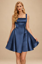 Rutipo Navy Blue A-line Bateau Vibrant Satin Fit-and-Flare Homecoming Dress