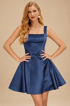 Rutipo Navy Blue A-line Bateau Vibrant Satin Fit-and-Flare Homecoming Dress