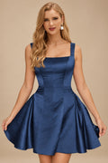 Rutipo Navy Blue A-line Bateau Vibrant Satin Fit-and-Flare Homecoming Dress