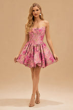 Rutipo Candy Pink Floral A-line Floral Butterfly Brocade Strapless Corset Bubble Homecoming Dress