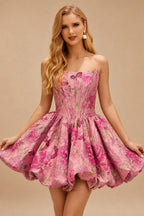 Rutipo Candy Pink Floral A-line Floral Butterfly Brocade Strapless Corset Bubble Homecoming Dress