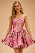 Rutipo Candy Pink Floral A-line Floral Butterfly Brocade Strapless Corset Bubble Homecoming Dress