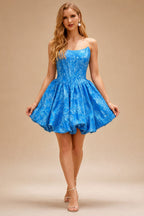 Rutipo Ocean Blue Floral A-line Floral Butterfly Brocade Strapless Corset Bubble Homecoming Dress