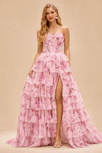 Rutipo Blushing Pink Floral A-line Floral Print Strapless Corset Tiered Ruffle Chiffon Prom Gown with Slit