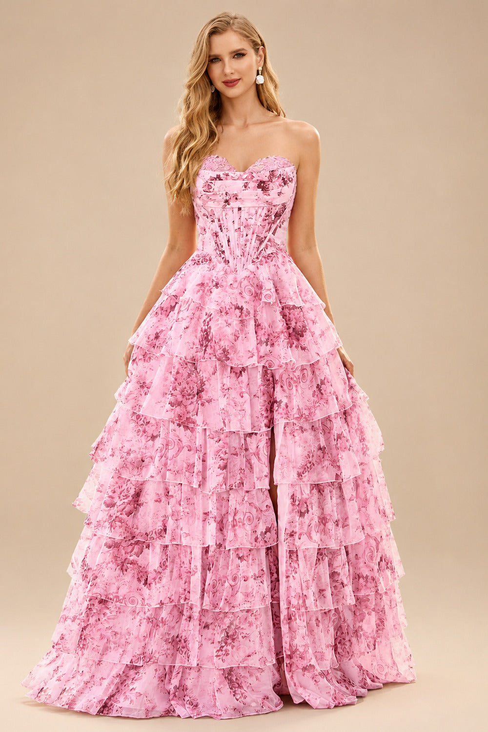 Rutipo Blushing Pink Floral A-line Floral Print Strapless Corset Tiered Ruffle Chiffon Prom Gown with Slit
