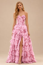 Rutipo Blushing Pink Floral A-line Floral Print Strapless Corset Tiered Ruffle Chiffon Prom Gown with Slit