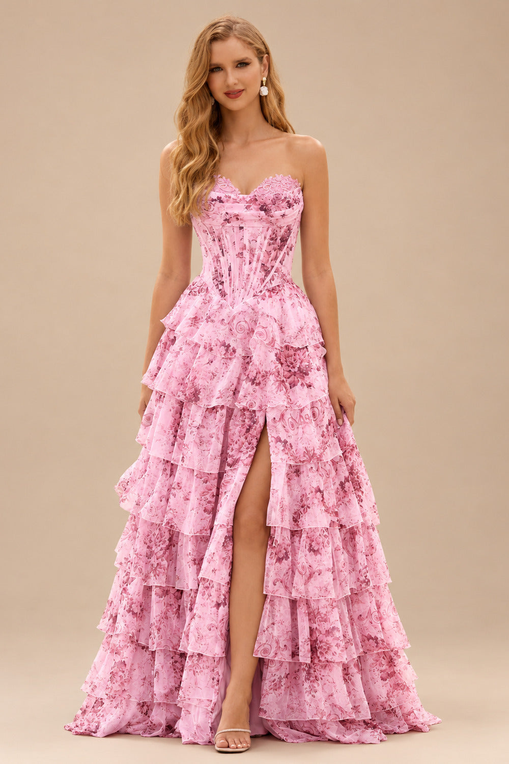Rutipo Blushing Pink Floral A-line Floral Print Strapless Corset Tiered Ruffle Chiffon Prom Gown with Slit