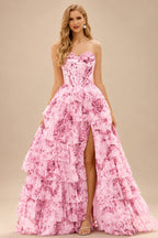 Rutipo Blushing Pink Floral A-line Floral Print Strapless Corset Tiered Ruffle Chiffon Prom Gown with Slit