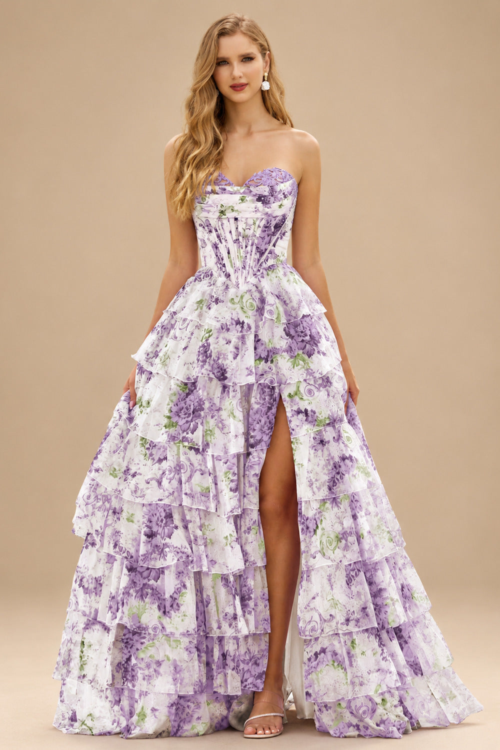 Rutipo Grape Floral A-line Floral Print Strapless Corset Tiered Ruffle Chiffon Prom Gown with Slit