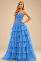 Rutipo Ocean Blue Floral A-line Floral Print Strapless Corset Tiered Ruffle Chiffon Prom Gown with Slit
