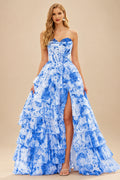 Rutipo Ocean Blue Floral A-line Floral Print Strapless Corset Tiered Ruffle Chiffon Prom Gown with Slit