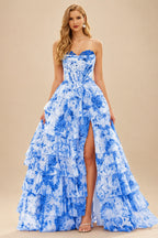 Rutipo Ocean Blue Floral A-line Floral Print Strapless Corset Tiered Ruffle Chiffon Prom Gown with Slit