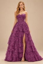 Rutipo Purple Floral A-line Floral Print Strapless Corset Tiered Ruffle Chiffon Prom Gown with Slit
