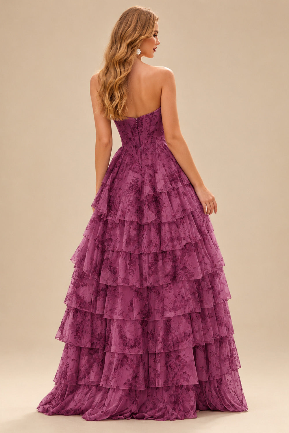 Rutipo Purple Floral A-line Floral Print Strapless Corset Tiered Ruffle Chiffon Prom Gown with Slit