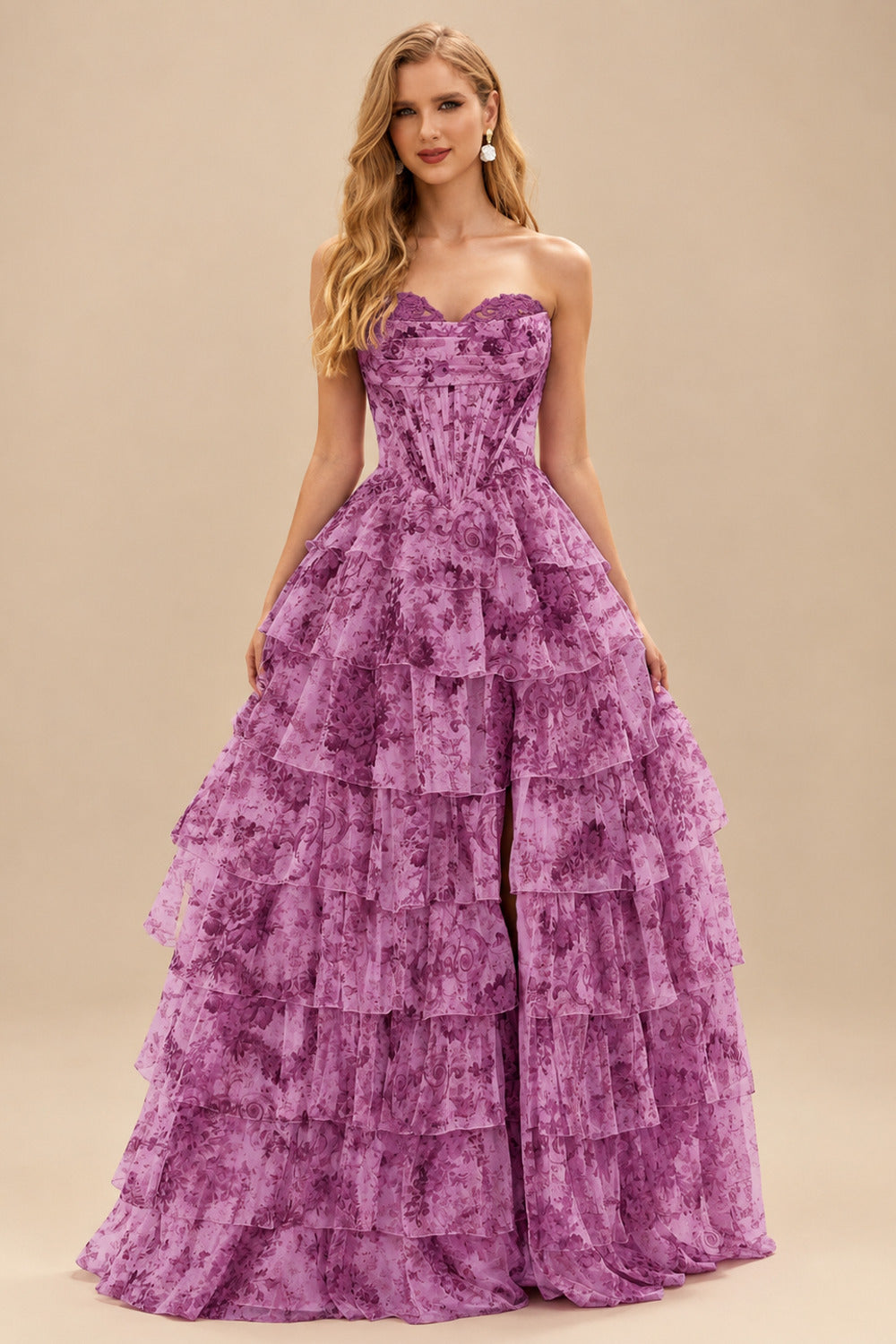 Rutipo Purple Floral A-line Floral Print Strapless Corset Tiered Ruffle Chiffon Prom Gown with Slit