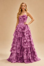 Rutipo Purple Floral A-line Floral Print Strapless Corset Tiered Ruffle Chiffon Prom Gown with Slit