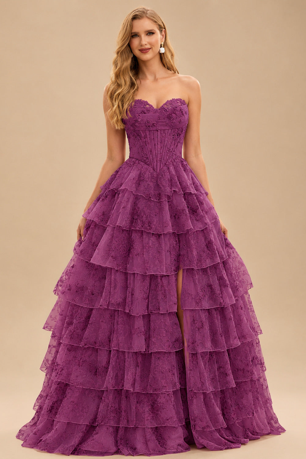 Rutipo Purple Floral A-line Floral Print Strapless Corset Tiered Ruffle Chiffon Prom Gown with Slit