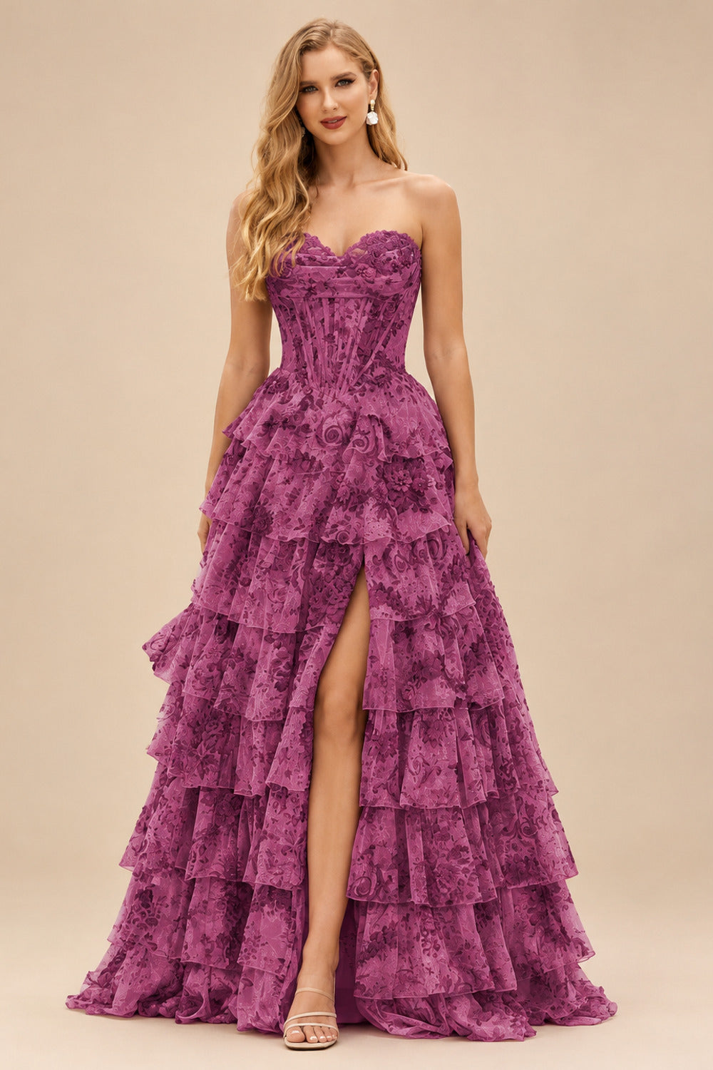 Rutipo Purple Floral A-line Floral Print Strapless Corset Tiered Ruffle Chiffon Prom Gown with Slit