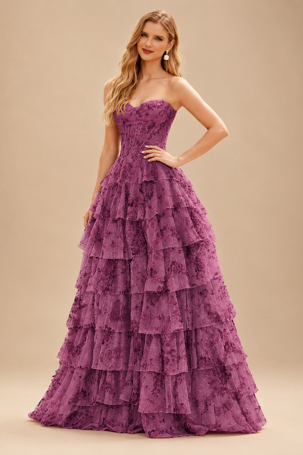 Rutipo Purple Floral A-line Floral Print Strapless Corset Tiered Ruffle Chiffon Prom Gown with Slit